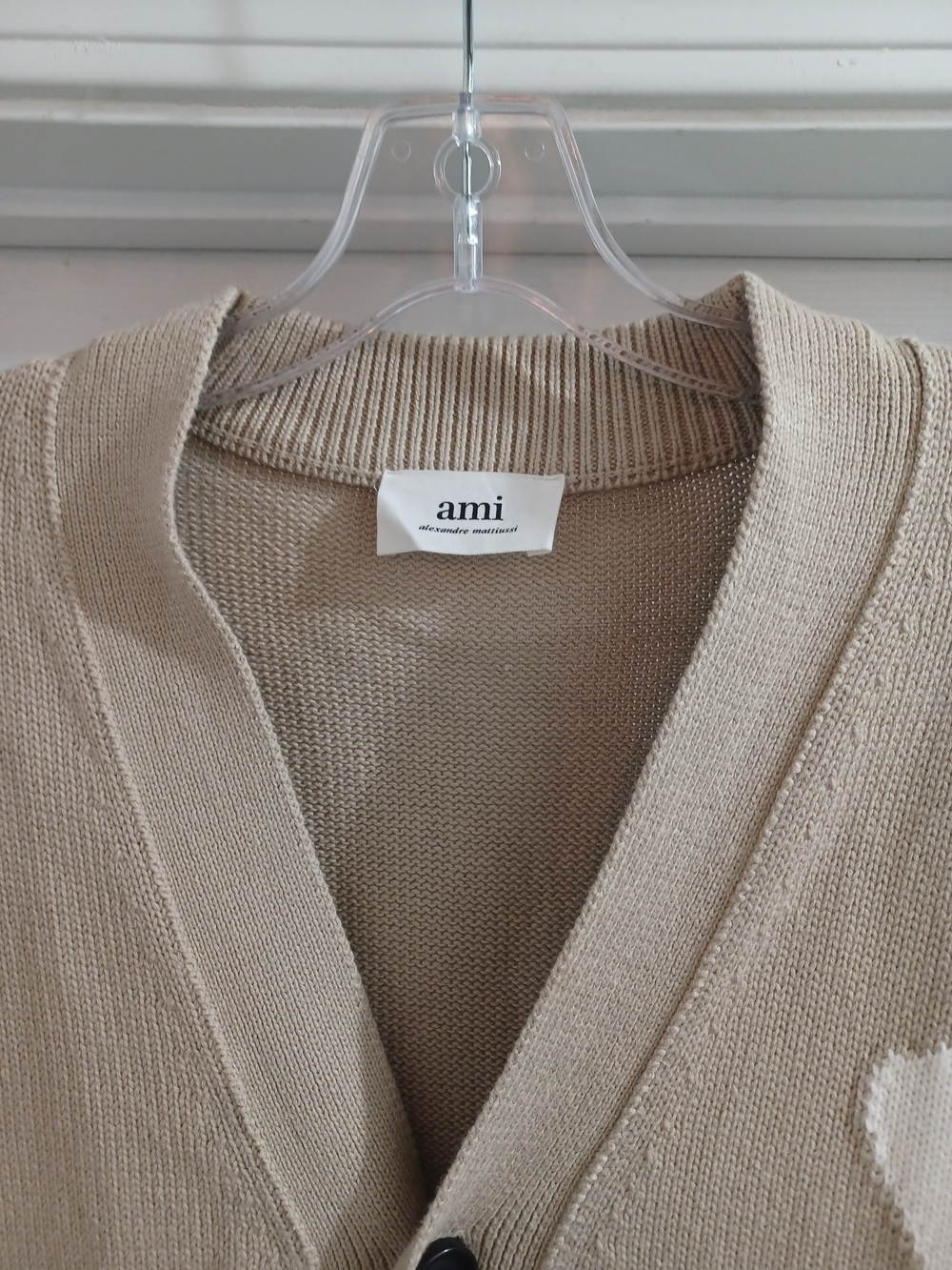 AMI Paris Beige Heart A Luxe Cotton Cardigan Sweater, L - Picture 3 of 10